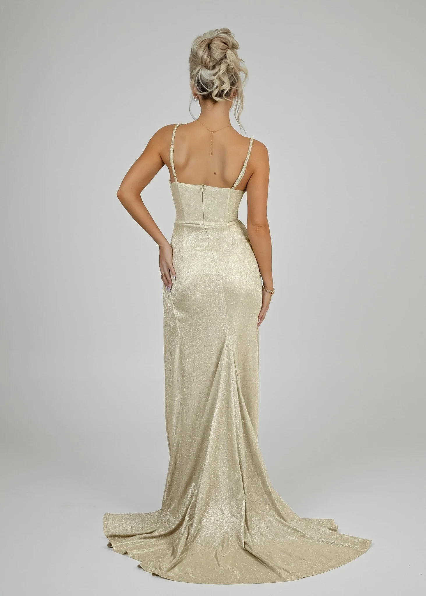 Elegant Desire Glitter Split Gown - Champagne Glitter - Image 2