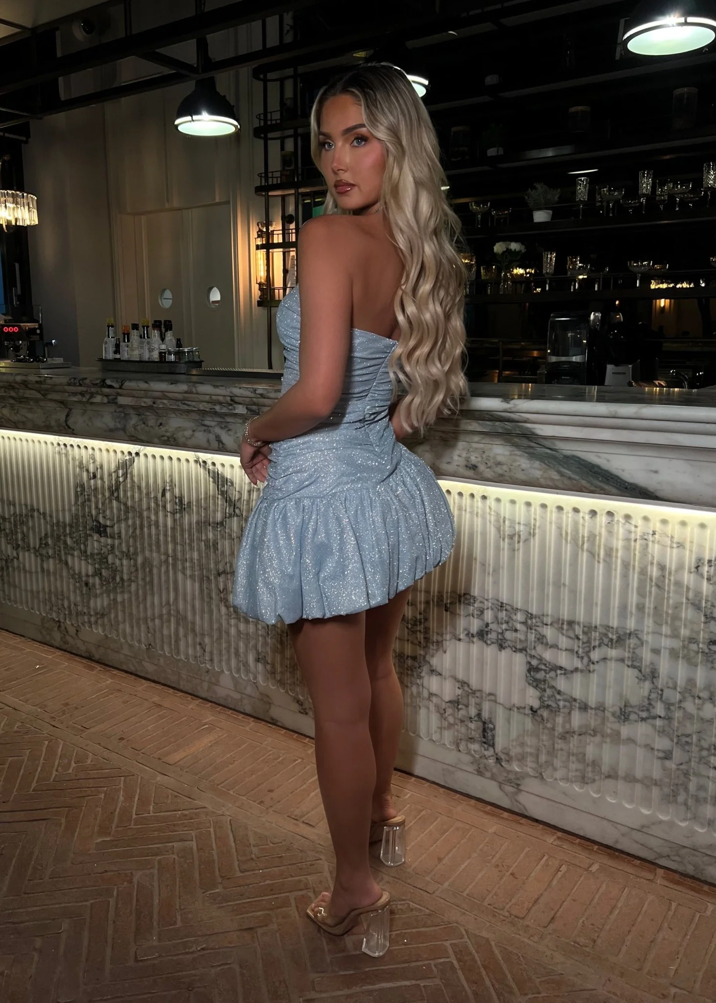 Faithful Hearts Asymmetric Hem Puffball Mini Dress - Blue - Image 6