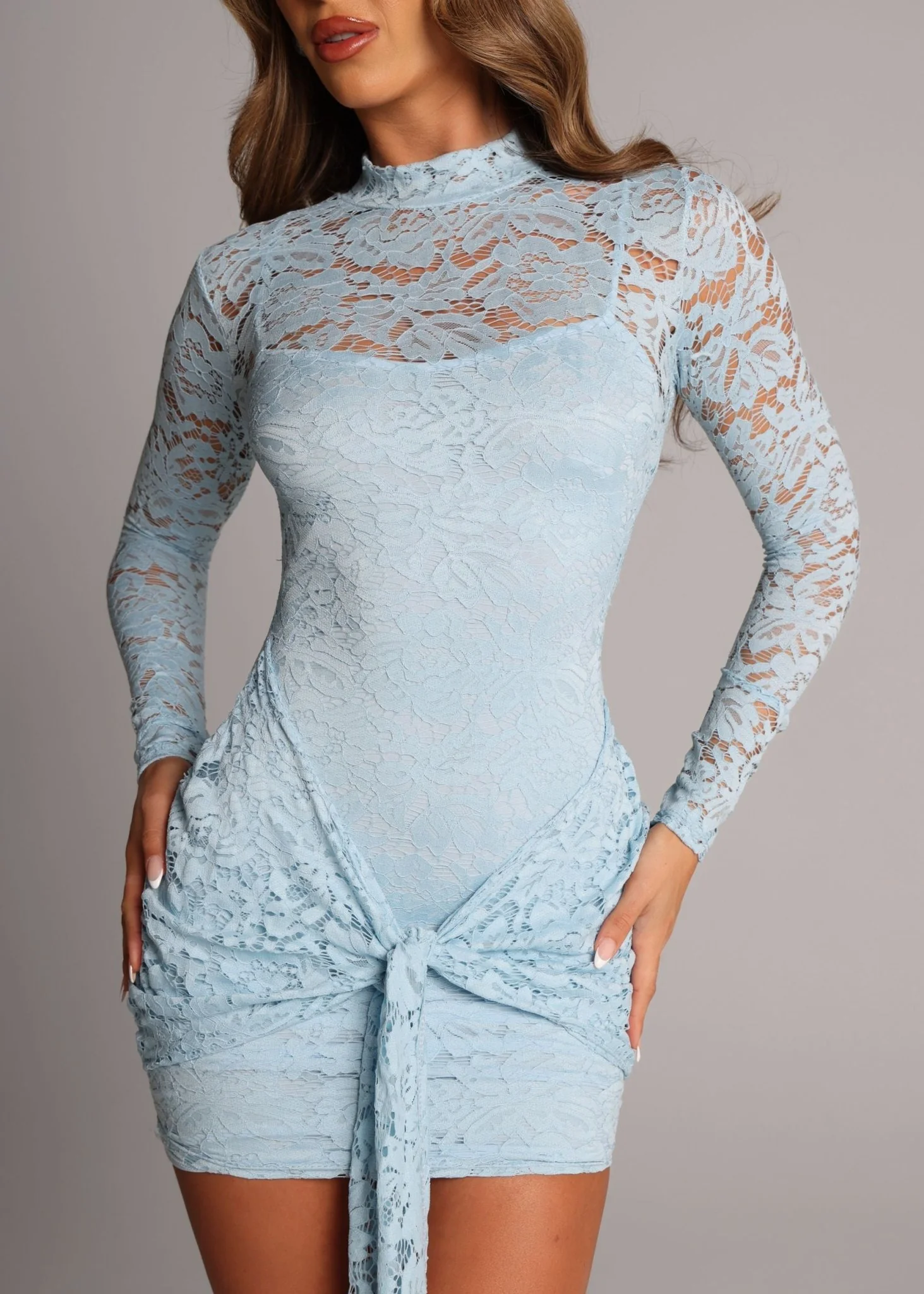 Love Club Lace High Neck Tie Detail Dress - Blue - Image 4