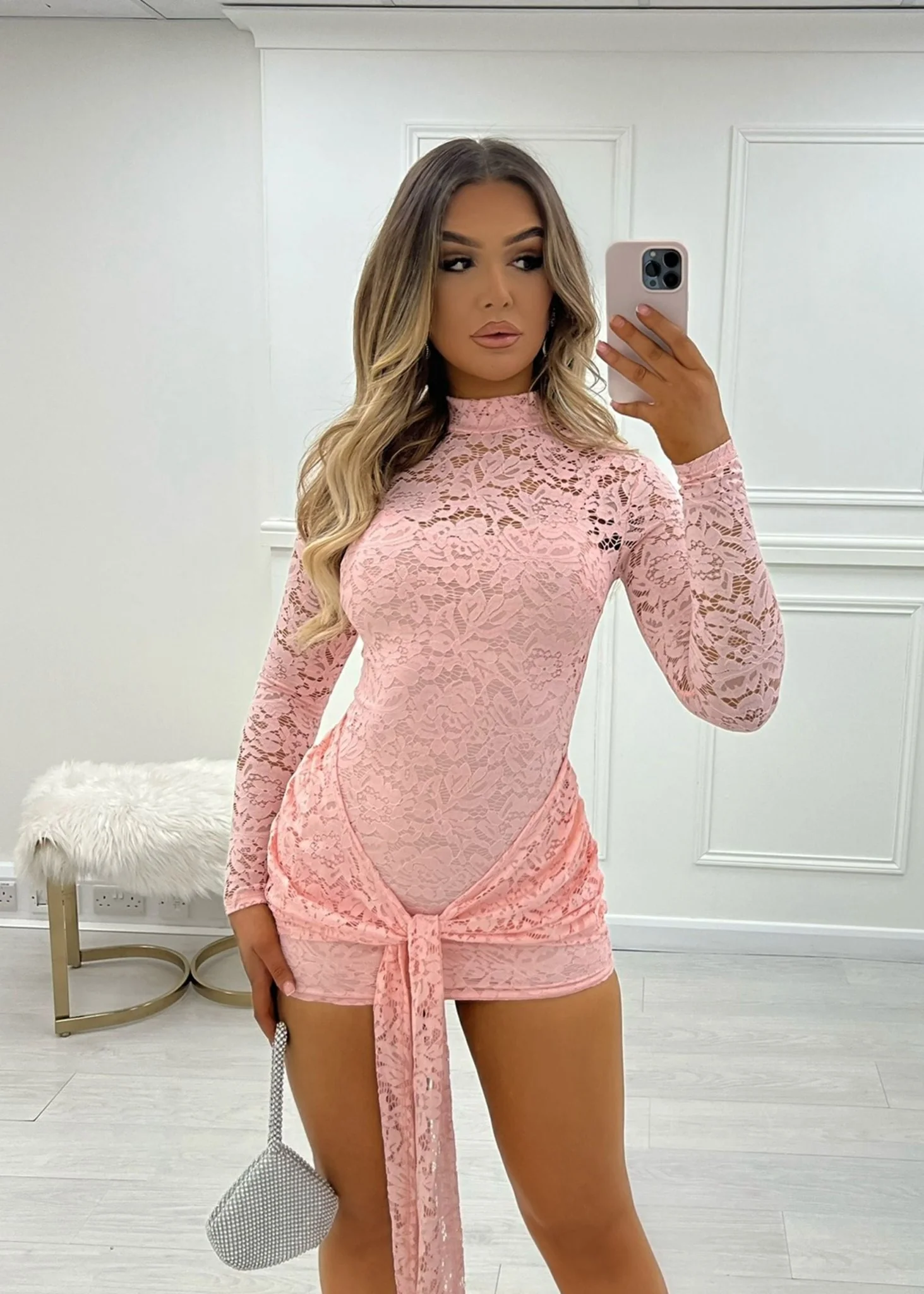 Love Club Lace High Neck Tie Detail Dress - Pink - Image 5