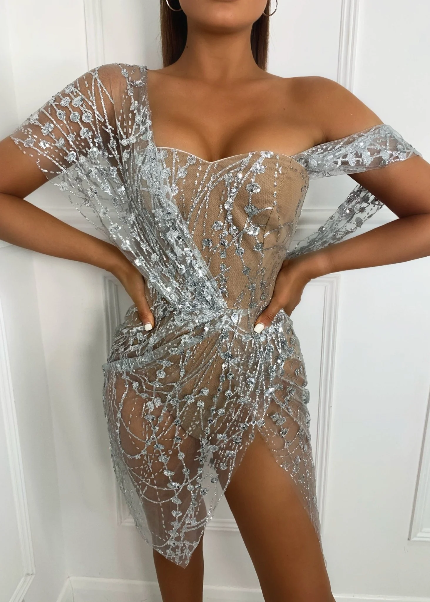 Sparkle Delight Glitter Mesh Dress - Silver - Image 5