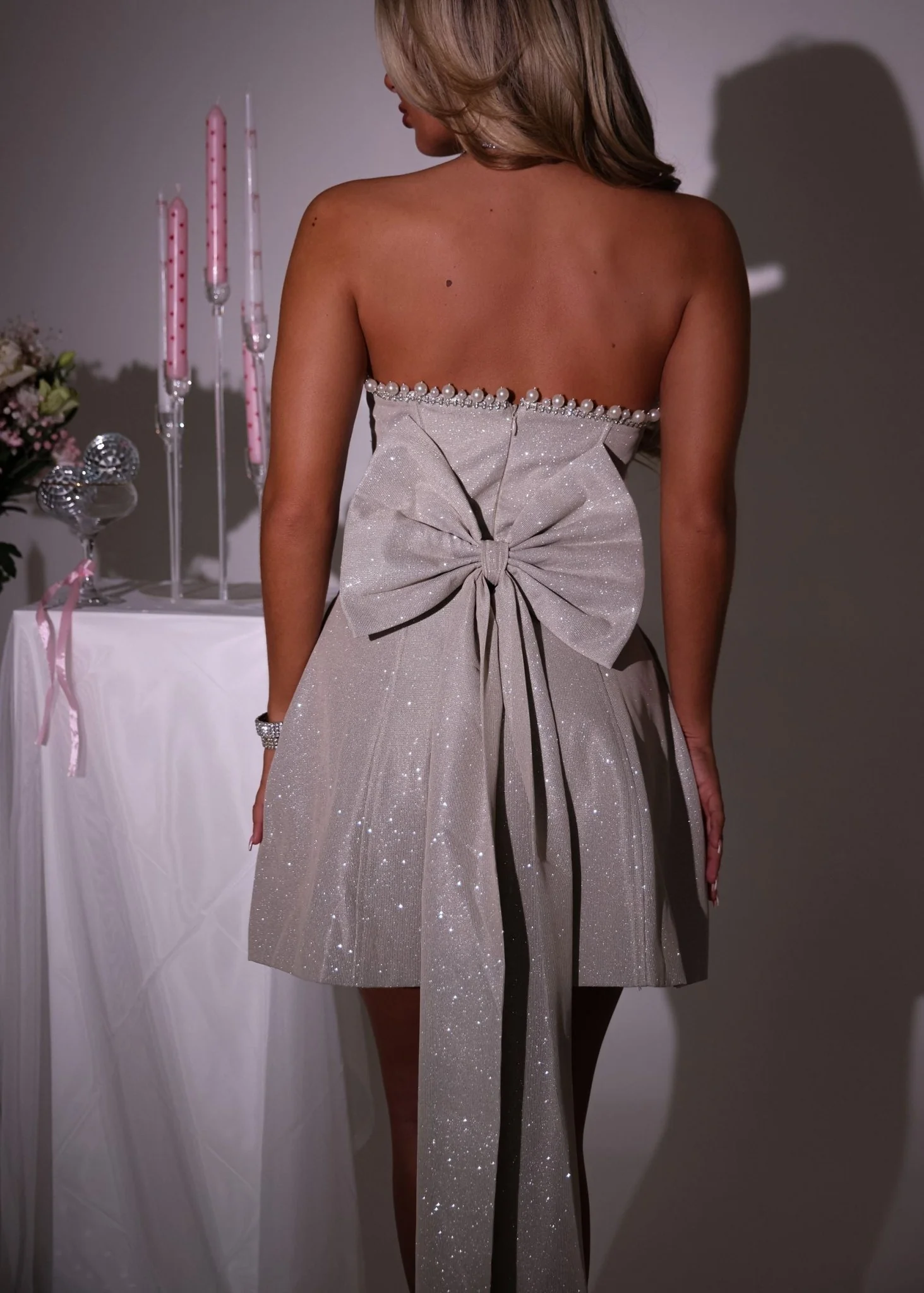 Sparkle Energy Bow Mini Dress - Champagne - Image 8